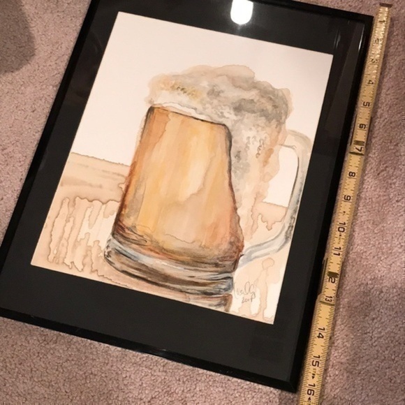 Framed original art mug of beer painted WITH beer and ink in 12x16” frame - Picture 6 of 8